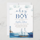 Ahoy Es ist ein Boy Blue Boat Nautical Babydusche Einladung (Vorderseite)