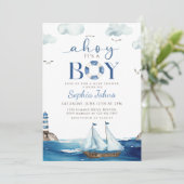 Ahoy Es ist ein Boy Blue Boat Nautical Babydusche Einladung (Stehend Vorderseite)