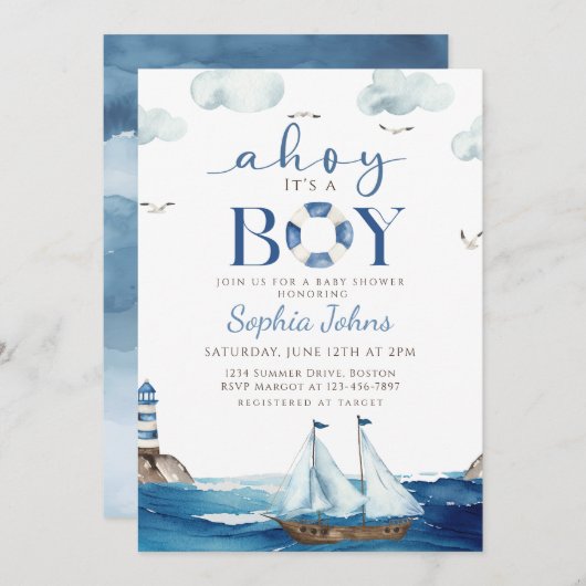 Ahoy Es ist ein Boy Blue Boat Nautical Babydusche Einladung (Vorne/Hinten)
