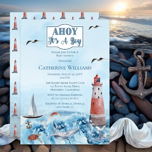 Ahoy Es ist ein Boy Lighthouse Ocean Baby Shower Einladung