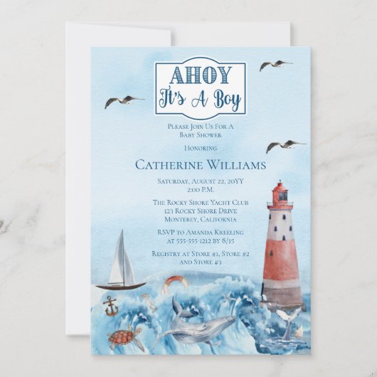 Ahoy Es ist ein Boy Lighthouse Ocean Baby Shower Einladung (Vorderseite)