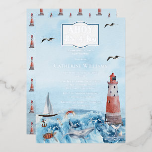 Ahoy Es ist ein Boy Lighthouse Ocean Baby Shower Folieneinladung
