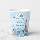 Ahoy Es ist ein Boy Lighthouse Ocean Baby Shower Pappbecher (Rückseite)