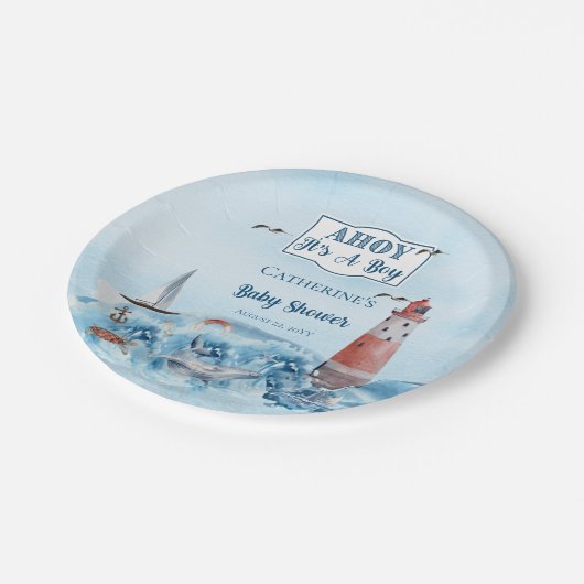 Ahoy Es ist ein Boy Lighthouse Ocean Baby Shower Pappteller (Schrägansicht)