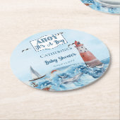 Ahoy Es ist ein Boy Lighthouse Ocean Baby Shower Runder Pappuntersetzer (Angewinkelt)