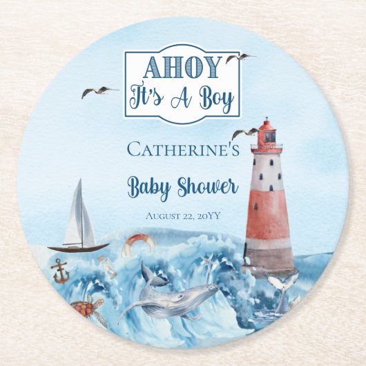 Ahoy Es ist ein Boy Lighthouse Ocean Baby Shower Runder Pappuntersetzer (Vorderseite)