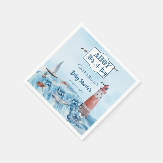 Ahoy Es ist ein Boy Lighthouse Ocean Baby Shower Serviette (Ecke)