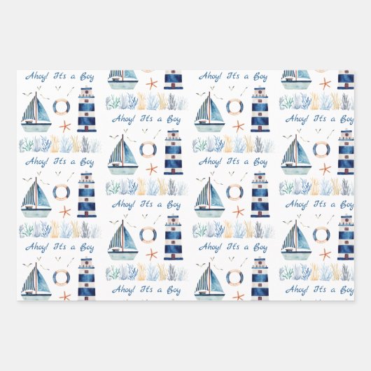 Ahoy! Es ist ein Boy Nautical Themed Customizable Geschenkpapier Set (Vorderseite)