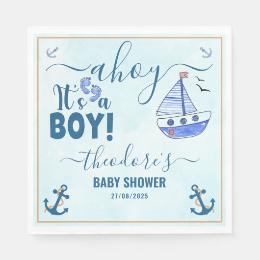 Ahoy Es ist ein Boy Sailboat Baby Dusche Wasserfar Serviette (Vorderseite)