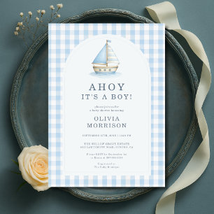 Ahoy, es ist ein Junge, blau kariert Baby Shower Einladung