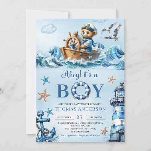 Ahoy es ist ein Junge blau und braun Teddybären Se Einladung (Vorderseite)