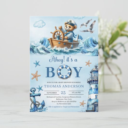 Ahoy es ist ein Junge blau und braun Teddybären Se Einladung (Stehend Vorderseite)