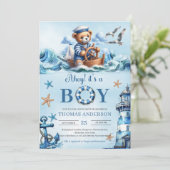 Ahoy es ist ein Junge blau und braun Teddybären Se Einladung (Stehend Vorderseite)