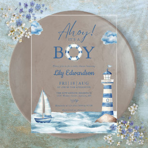 Ahoy, es ist ein Junge, blaue nautische Babyparty Acryleinladungen