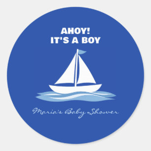Ahoy, es ist ein Junge! Blaue nautische Boot-Baby- Runder Aufkleber