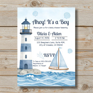 Ahoy, es ist ein Junge, nautische Leuchtturm-Baby- Einladung