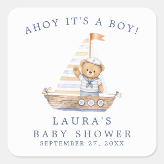 Ahoy, es ist ein Junge, nautischer Teddybär Baby S Quadratischer Aufkleber
