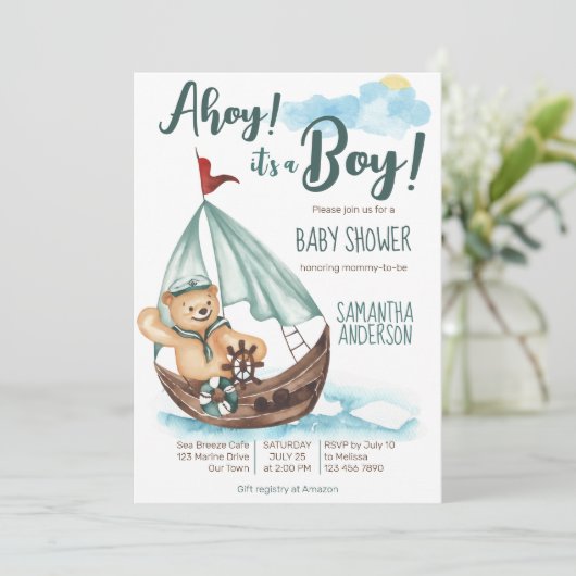 Ahoy es ist ein Junge Teddy Bär nautische Babydusc Einladung (Stehend Vorderseite)