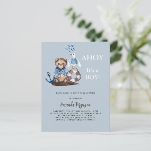 Ahoy es ist ein Junge Teddy Bären Segler Baby Dusc Einladungspostkarte (Stehend Vorderseite)