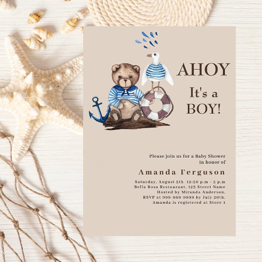 Ahoy es ist ein Junge Teddy Seemann beige Baby Dus Einladung
