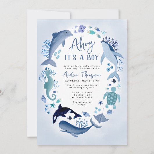 Ahoy Es ist ein Junge unter der Blue-Baby-Dusche. Einladung (Vorderseite)