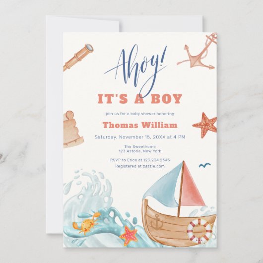 Ahoy Es ist eine Baby Adventure Sailboat Baby Dusc Einladung (Vorderseite)