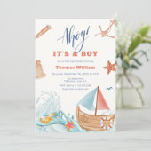 Ahoy Es ist eine Baby Adventure Sailboat Baby Dusc Einladung (Stehend Vorderseite)