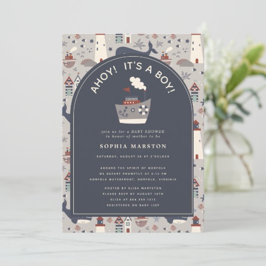 Ahoy Es ist eine Baby-Baby-Dusche aus dem Kinderga Einladung (Stehend Vorderseite)