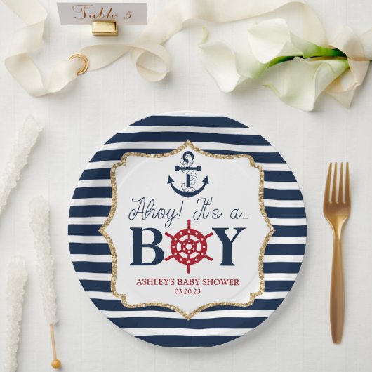 Ahoy Es ist eine Baby Nautical Navy Blue Baby Dusc Pappteller (Hochzeit)