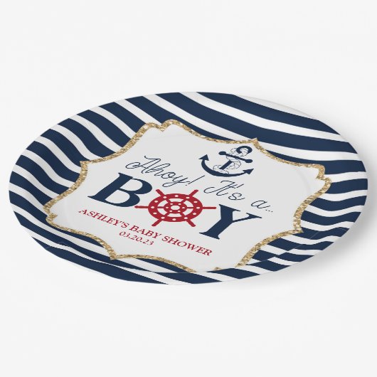 Ahoy Es ist eine Baby Nautical Navy Blue Baby Dusc Pappteller (Schrägansicht)