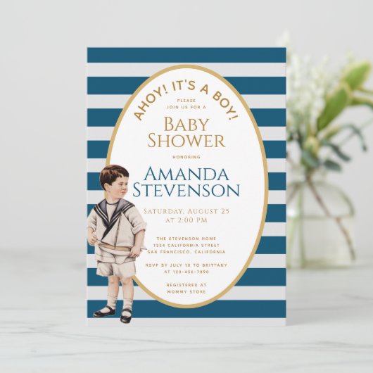 Ahoy Es ist eine Baby Sailor Gold Babydusche Einladung (Stehend Vorderseite)