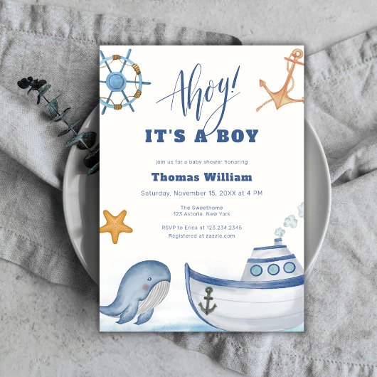 Ahoy Es ist eine Baby Whale Sailboat Babydusche Einladung