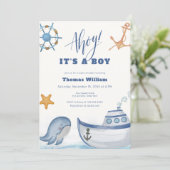 Ahoy Es ist eine Baby Whale Sailboat Babydusche Einladung (Stehend Vorderseite)