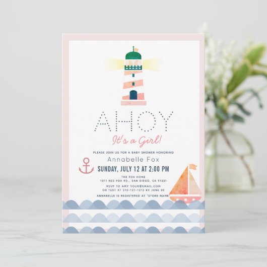 Ahoy Es ist eine Mädchen-Nautical-Pink-Girl-Kinder Einladung (Stehend Vorderseite)