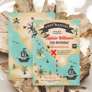 Ahoy Fun Pirate Schatzkarte Kinder 5. Geburtstag Einladung