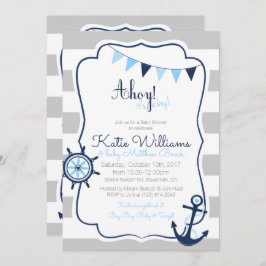 Ahoy hat eine Boy Nautical Blue Gray Baby Duschkar Einladung