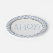 Ahoy ist ein Baby aus Blau und Weiß Pappteller (Schrägansicht)