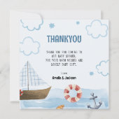 Ahoy ist eine junge blaue Sailboat Babydusche Dankeskarte (Vorderseite)