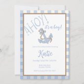 Ahoy ist eine junge, blaue und weiße Babydusche Einladung (Vorderseite)