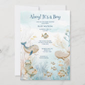 Ahoy ist eine junge Blue Beige Coral Whale Baby Du Einladung (Vorderseite)