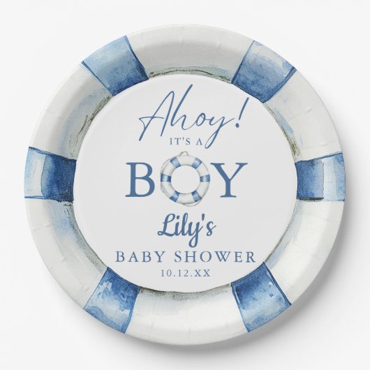 Ahoy ist eine junge Lifebuoy Nautical Baby Dusche Pappteller (Vorderseite)