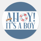 Ahoy It a Boy Blue Typografy Runder Aufkleber (Vorderseite)