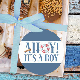 Ahoy It a Boy Blue Typografy Runder Aufkleber