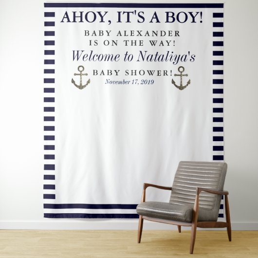 Ahoy It is a Boy Baby Shower Foto Booth Wandteppich (Beispiel)