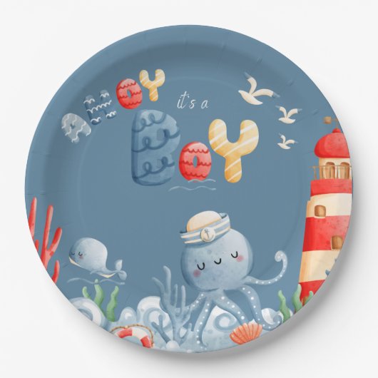 Ahoy It is a Boy Blue Nautical Baby Shower Pappteller (Vorderseite)