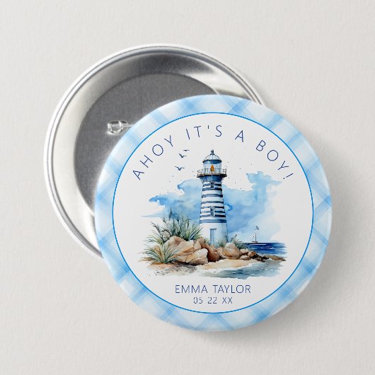Ahoy It is a Boy Nautical Lighthouse Baby Shower Button (Vorne & Hinten)