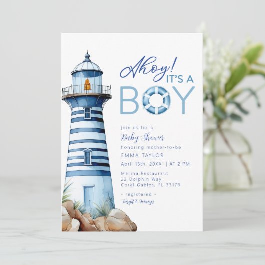 Ahoy It is a Boy Nautical Lighthouse Baby Shower Einladung (Stehend Vorderseite)