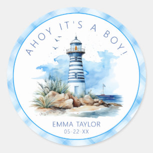 Ahoy It is a Boy Nautical Lighthouse Baby Shower Runder Aufkleber