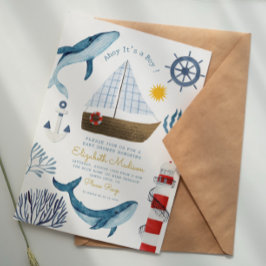 Ahoy It is a boy Sail Whale Lighthouse Baby Shower Einladung
