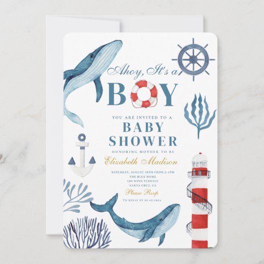 Ahoy It is a boy Sailor Whale Sea Baby Shower Einladung (Vorderseite)